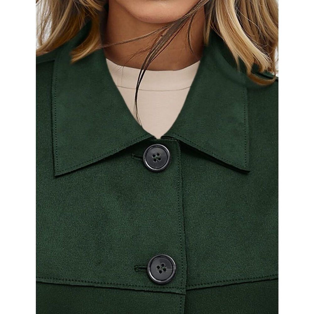 Women's Dark Green Faux Suede Cropped Jacket Casual Lightweight Fall Fashion - Picture 5 of 5